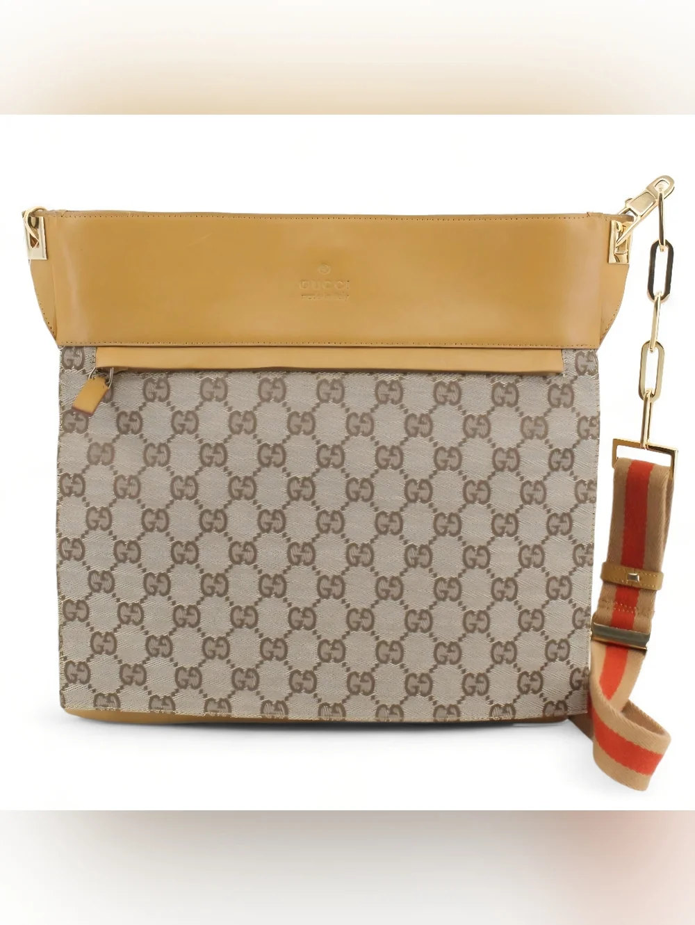 Gucci GG Web Crossbody Bag Monogram Canvas with Tan Leather Trim - Picture 1 of 8